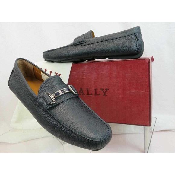 NIB BALLY DRULIO NAVY GRAINED LEATHER METAL LOGO DRIVING LOAFERS US 12 D ITALY